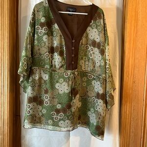 Elementz Women’s Top Sz 3X Brown/green/white Floral Top Kimono type sleeves
